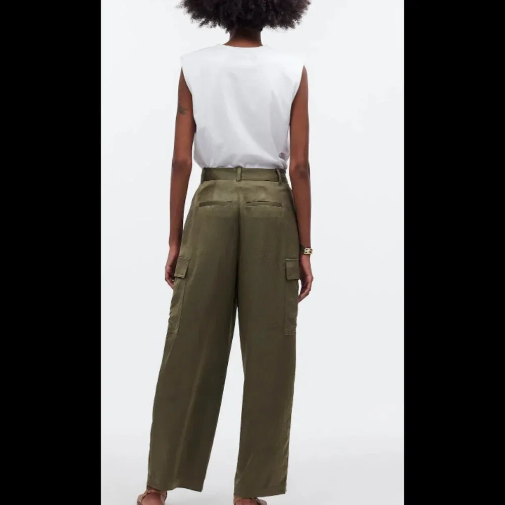 MADEWELL High-Rise Straight Cargo Trousers in Satin Women's Size 10 Olive Green - Picture 4 of 12